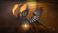 Size: 3840x2160 | Tagged: safe, artist:phoenixtm, oc, oc:phoenix stardash, hybrid, 3d, armor, armored wings, battle stance, dirty lens, dracony alicorn, epic, error, glitch, high res, lens flare, looking at you, minigun, source filmmaker, spread wings, weapon, wings