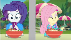 Size: 1922x1078 | Tagged: safe, screencap, fluttershy, rarity, equestria girls, equestria girls series, g4, lost and pound, spoiler:choose your own ending (season 2), spoiler:eqg series (season 2), bowl, cellphone, chopsticks, cute, duo, duo female, eating, egg (food), eyes closed, female, food, geode of fauna, geode of shielding, lost and pound: spike, magical geodes, noodle bowl, noodles, outdoors, phone, raribetes, rarity looking at food, shyabetes, smartphone, umbrella