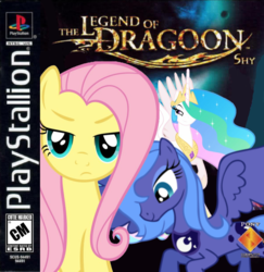 Size: 744x767 | Tagged: safe, artist:nickyv917, fluttershy, princess celestia, princess luna, alicorn, pegasus, pony, g4, angry, bedroom eyes, box art, esrb, female, game rating, looking at you, mare, parody, playstation, pony (sony), pun, sony, the legend of dragoon