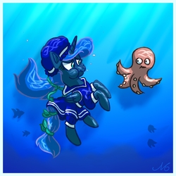 Size: 1500x1500 | Tagged: safe, artist:thenomo16, princess luna, alicorn, octopus, pony, g4, clothes, female, looking at each other, solo, swimming, swimsuit, underwater