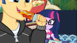 Size: 1926x1080 | Tagged: safe, screencap, flash sentry, sci-twi, twilight sparkle, equestria girls, g4, lost and pound, my little pony equestria girls: choose your own ending, eating, female, food, glasses, lasagna, lasagna pop, male, pasta