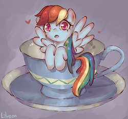 Size: 1280x1189 | Tagged: safe, artist:lilveon, rainbow dash, pegasus, pony, g4, colored pupils, cup, cup of pony, cute, dashabetes, female, heart, looking at you, micro, open mouth, solo, teacup