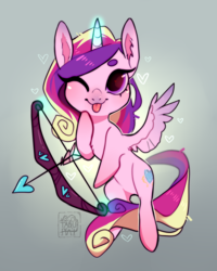 Size: 1280x1600 | Tagged: safe, artist:tabu-rat, princess cadance, alicorn, pony, g4, :p, arrow, beanbrows, bow (weapon), bow and arrow, chest fluff, chibi, cupid, cupidance, cute, cutedance, ear fluff, eyebrows, female, flying, glowing horn, heart, heart arrow, heart eyes, horn, looking at you, magic, mare, one eye closed, solo, telekinesis, tongue out, weapon, wingding eyes, wink