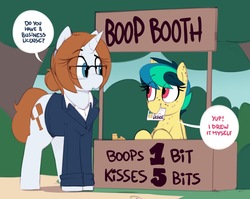 Size: 1334x1061 | Tagged: safe, artist:shinodage, oc, oc only, oc:apogee, oc:diamond gavel, pegasus, pony, unicorn, apogees boop booth, boop, boop booth, cute, diageetes, dialogue, duo, eye clipping through hair, female, filly, forgery, freckles, kissing booth, mare, ocbetes, seems legit, speech bubble, this will end in jail time