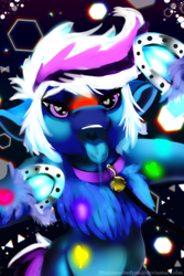 Size: 1563x2344 | Tagged: safe, artist:brainiac, oc, oc only, oc:whiskey lullaby, cat pony, original species, 80s, bell, bell collar, black light, cat bell, chest fluff, collar, drool, female, frog (hoof), glow bracelets, glow in the dark, heart eyes, horseshoes, leash, licking, mare, mawshot, open mouth, pet play, pregnant, rave, solo, tongue out, underhoof, unshorn fetlocks, wingding eyes
