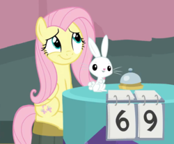 Size: 792x657 | Tagged: safe, edit, edited screencap, screencap, angel bunny, fluttershy, pegasus, pony, rabbit, a trivial pursuit, g4, 69 (number), animal, cute, fluttertroll, numbers, shyabetes