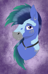 Size: 1373x2101 | Tagged: safe, artist:dyonys, derpibooru exclusive, oc, oc only, oc:axel sky, earth pony, horse, pony, abstract background, bust, coat markings, jewelry, male, piercing, stallion, tattoo