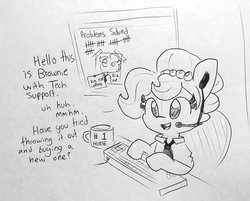 Size: 1512x1216 | Tagged: safe, artist:tjpones, oc, oc only, oc:brownie bun, earth pony, pony, horse wife, dialogue, drawing, female, headset, keyboard, mare, mug, necktie, office, simple background, sitting, solo, tech support, traditional art