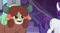 Size: 1920x1080 | Tagged: safe, screencap, rarity, yona, pony, unicorn, yak, g4, she's all yak, 1080p, carousel boutique, cute, cutie mark, excited, female, grin, hair bow, horns, mare, mentoring, monkey swings, smiling, solo focus, tail, teenager, walking, yonadorable