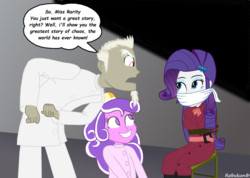 Size: 1058x755 | Tagged: safe, artist:robukun, discord, rarity, screwball, equestria girls, g4, bondage, bound and gagged, chair, cloth gag, clothes, detective rarity, equestria girls-ified, gag, lois lane, male, superman, tied to chair, tied up, trenchcoat