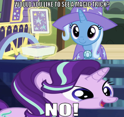 Size: 640x603 | Tagged: safe, edit, edited screencap, editor:undeadponysoldier, screencap, starlight glimmer, trixie, pony, unicorn, g4, uncommon bond, adorable face, asdfmovie, cape, caption, card, clothes, crystal, cute, denied, female, glimmerbetes, happy, hat, image macro, mare, meme, no, reference, text, trixie's cape, trixie's hat, trixie's wagon, wrong aspect ratio