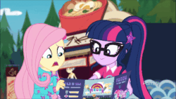 Size: 450x253 | Tagged: safe, screencap, flash sentry, fluttershy, raspberry lilac, sci-twi, twilight sparkle, equestria girls, g4, lost and pound, my little pony equestria girls: choose your own ending, animated, eating, female, food, food truck, geode of fauna, geode of telekinesis, gif, glasses, lasagna, lasagna pop, magical geodes, male, pasta