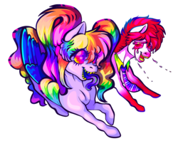Size: 1300x1030 | Tagged: safe, artist:guidomista, oc, oc only, oc:bloodshot, oc:cacophony, pegasus, pony, accessory, art fight, artfight, collar, color porn, crying, eyelashes, fangs, female, fisheye lens, folded wings, forked tongue, friends, friendship, full body, grin, half body, halfbody, high angle, long eyelashes, long mane, long tail, looking at each other, male, mare, necktie, neon, pair, perspective, pigtails, rainbow, rainbow hair, red hair, red mane, saturated, sharp teeth, simple background, smiling, stallion, standing, striped hair, striped mane, teeth, transparent background, trippy, walking, wings