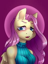 Size: 2250x3000 | Tagged: safe, artist:d-evour, artist:xalloir, fluttershy, pegasus, anthro, g4, blushing, breasts, busty fluttershy, female, high res, looking at you, mare, solo