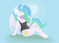 Size: 697x517 | Tagged: safe, artist:smirk, princess celestia, alicorn, anthro, unguligrade anthro, g4, breasts, busty princess celestia, cleavage, clothes, eyes closed, female, ms paint, one-piece swimsuit, open-back swimsuit, sitting, solo, swimsuit