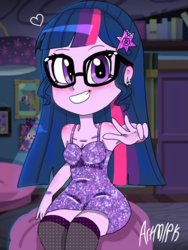 Size: 1800x2400 | Tagged: safe, artist:artmlpk, sci-twi, spike, spike the regular dog, twilight sparkle, dog, equestria girls, g4, alternate hairstyle, armpits, blushing, clothes, cute, design, dress, ear blush, ear piercing, earring, female, geode of telekinesis, glasses, hair, hair accessory, heart, jewelry, looking at you, loose hair, magical geodes, party dress, peace sign, piercing, smiling, socks, solo, sparkles, tights, twiabeetus, twiabetes