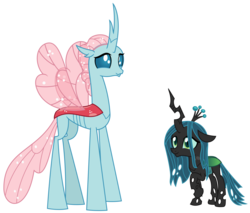 Size: 3094x2635 | Tagged: safe, artist:sketchmcreations, ocellus, queen chrysalis, changedling, changeling, changeling queen, g4, age swap, duo, female, high res, queen ocellus, role reversal, simple background, transparent background, vector