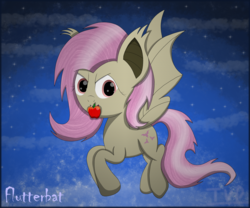 Size: 3000x2500 | Tagged: safe, artist:php124, fluttershy, bat pony, pony, g4, apple, bat ponified, bat wings, female, flutterbat, food, high res, looking at you, race swap, solo, wings