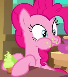 Size: 603x683 | Tagged: safe, screencap, pinkie pie, earth pony, pony, g4, the mean 6, aweeg*, cropped, cupcake, cute, diapinkes, eating, female, food, mare, puffy cheeks, solo