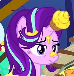 Size: 399x408 | Tagged: safe, screencap, starlight glimmer, pony, unicorn, every little thing she does, g4, cropped, cupcake, cute, female, food, mare, messy mane, sad, solo