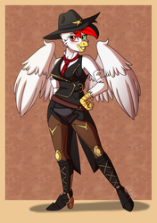 Size: 2600x3700 | Tagged: safe, artist:jack-pie, oc, oc only, griffon, anthro, plantigrade anthro, anthro oc, ashe (overwatch), clothes, cosplay, costume, female, griffon oc, heterochromia, high res, looking at you, overwatch, smiling, solo
