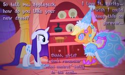Size: 1024x615 | Tagged: safe, artist:snakeythingy, edit, edited screencap, screencap, applejack, rarity, pony, g4, look before you sleep, season 1, applejack also dresses in style, dialogue, froufrou glittery lacy outfit, golden oaks library, hypnojack, hypnosis, implied twilight sparkle, mind control, princess applejack, puffy sleeves, swirly eyes, wet mane