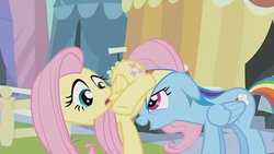 Size: 1280x720 | Tagged: safe, screencap, fluttershy, rainbow dash, pony, g4, the crystal empire, cropped, out of context