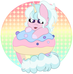 Size: 2256x2281 | Tagged: safe, artist:calibykitty, oc, oc only, oc:fairy floss, pony, unicorn, cupcake, food, high res, rainbow, simple background, smiling, solo, transparent background
