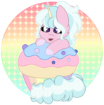 Size: 2256x2281 | Tagged: safe, artist:calibykitty, oc, oc only, oc:fairy floss, pony, unicorn, cupcake, food, rainbow, simple background, smiling, solo, transparent background