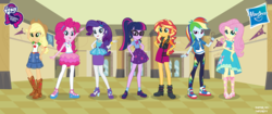 Size: 5500x2309 | Tagged: safe, artist:twilirity, applejack, fluttershy, pinkie pie, rainbow dash, rarity, sci-twi, sunset shimmer, twilight sparkle, equestria girls, equestria girls series, g4, ankle socks, applejack's hat, belt, boots, bracelet, clothes, converse, cowboy hat, denim skirt, dress, equestria girls logo, freckles, geode of empathy, geode of fauna, geode of shielding, geode of sugar bombs, geode of super speed, geode of super strength, geode of telekinesis, glasses, hat, high heel boots, high heels, humane five, humane seven, humane six, jewelry, magical geodes, miniskirt, multicolored hair, pants, pantyhose, pencil skirt, ponytail, poster, shoes, skirt, sneakers, socks, stetson