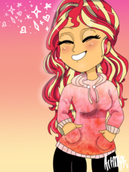 Size: 1800x2400 | Tagged: safe, artist:artmlpk, sunset shimmer, equestria girls, g4, blushing, clothes, cute, female, fluffy, hoodie, leggings, shimmerbetes, smiling, solo