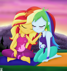 Size: 2927x3105 | Tagged: safe, artist:theretroart88, rainbow dash, sunset shimmer, equestria girls, g4, wake up!, spoiler:choose your own ending (season 2), spoiler:eqg series (season 2), barefoot, blushing, breasts, busty rainbow dash, busty sunset shimmer, clothes, duo, eyes closed, feet, female, high res, lesbian, shipping, smiling, sunset, sunsetdash, wake up!: rainbow dash, yoga