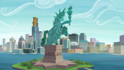 Size: 2880x1620 | Tagged: safe, screencap, g4, the gift of the maud pie, city, cityscape, crystaller building, friendship island, island, manehattan, no pony, pier, piers, scenery, skyscraper, stadium, statue, statue of friendship