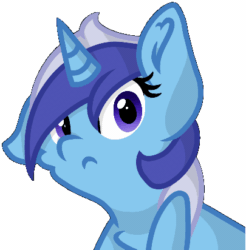 Size: 405x412 | Tagged: safe, artist:rainbow eevee, derpibooru exclusive, minuette, pony, unicorn, g4, :<, animated, atg 2019, bust, eye shimmer, female, looking at you, loop, mare, newbie artist training grounds, simple background, solo, transparent background