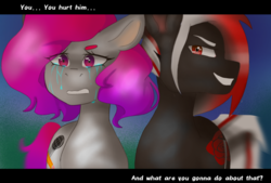 Size: 1748x1181 | Tagged: safe, artist:galaxeda, oc, oc only, oc:melodi graphite, oc:steel rose, earth pony, pony, crying, fake screencap, letterboxing