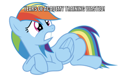 Size: 750x461 | Tagged: safe, editor:undeadponysoldier, rainbow dash, pegasus, pony, g4, buzz lightyear, caption, female, funny, image macro, lying down, male, mare, meme, reference, sad, simple background, solo, text, toy story, white background, years of academy training wasted