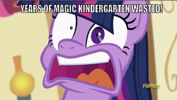 Size: 636x362 | Tagged: safe, edit, edited screencap, editor:undeadponysoldier, screencap, twilight sparkle, alicorn, pony, unicorn, g4, party pooped, buzz lightyear, caption, discovery family logo, faic, female, funny, image macro, male, mare, meme, open mouth, reference, shrunken pupils, simple background, solo, sugarcube corner, text, toy story, twilight sparkle (alicorn), years of academy training wasted