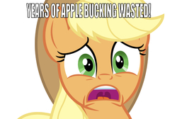 Size: 750x503 | Tagged: safe, editor:undeadponysoldier, applejack, earth pony, pony, g4, buzz lightyear, caption, female, funny, image macro, lying down, male, mare, meme, open mouth, reference, simple background, solo, text, toy story, white background, years of academy training wasted