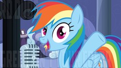 Size: 1280x720 | Tagged: artist needed, safe, rainbow dash, pegasus, pony, g4, adorable face, bed, cute, cute smile, dashabetes, female, happy, looking at you, mare, microphone, open mouth, raised hoof, smiling, text