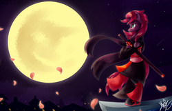 Size: 5952x3824 | Tagged: safe, artist:darksprings, tempest shadow, pony, g4, absurd resolution, ancient china, bipedal, clothes, female, full moon, moon, night, sword, town, weapon