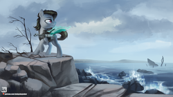 Size: 3840x2160 | Tagged: safe, artist:jedayskayvoker, oc, oc only, pony, fallout equestria, battle saddle, gun, high res, insect wings, male, ocean, rifle, rock, solo, stallion, weapon, wings