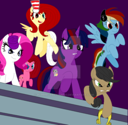 Size: 600x582 | Tagged: safe, artist:poppincandyfun123, artist:theinvertedshadow, applejack, fluttershy, pinkie pie, rainbow dash, rarity, twilight sparkle, alicorn, cyborg, earth pony, pegasus, pony, unicorn, elements of insanity, g4, angry, applepills, brutalight sparcake, deviantart watermark, evil, evil grin, evil mane six, female, fluttershout, grin, hat, horseshoes, looking at you, mane six, mare, obtrusive watermark, pinkis cupcake, rainbine, raised hoof, rarifruit, smiling, top hat, watermark