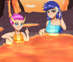 Size: 1884x1608 | Tagged: safe, artist:focusb, princess ember, smolder, human, g4, beckoning, breasts, clothes, collarbone, duo, duo female, eyeshadow, female, flirting, humanized, lava, lava bathing, lidded eyes, looking at you, makeup, nail polish, painted nails, slit pupils, smiling, swimsuit