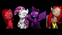 Size: 1280x720 | Tagged: safe, artist:theinvertedshadow, fluttershy, pinkie pie, rarity, twilight sparkle, alicorn, cyborg, earth pony, pegasus, pony, unicorn, elements of insanity, g4, 3d, anti-hero, anti-heroine, brutalight sparcake, cybernetic organism, female, fluttershout, grin, happy, hat, horseshoes, letter, looking at you, mare, pinkis cupcake, raised hoof, rarifruit, smiling, smiling at you, thumbnail, tomboy, top hat, twilight sparkle (alicorn), wings