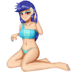 Size: 2000x2000 | Tagged: safe, alternate version, artist:focusb, princess ember, human, g4, background removed, barefoot, belly button, breasts, clothes, eyeshadow, feet, female, high res, humanized, lidded eyes, looking at you, makeup, midriff, nail polish, smiling, solo, swimsuit