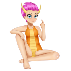 Size: 2000x2000 | Tagged: safe, alternate version, artist:focusb, smolder, dragon, human, g4, background removed, barefoot, beckoning, breasts, clothes, dragoness, eyeshadow, feet, female, high res, humanized, looking at you, makeup, one-piece swimsuit, smiling, solo, swimsuit