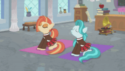 Size: 600x338 | Tagged: safe, screencap, lighthoof, shimmy shake, snips, pony, 2 4 6 greaaat, g4, animated, cheerleader, chinese, downward dog, gif, gramophone, looking between legs, stretching, subtitles, whistle