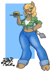 Size: 1514x2000 | Tagged: safe, artist:rubbermage, oc, oc only, oc:diner delights, orc, original species, pig, pony orc, anthro, burger, clothes, flannel shirt, food, jeans, pants, solo, spatula