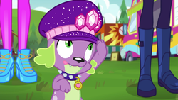 Size: 2208x1242 | Tagged: safe, screencap, rarity, sci-twi, spike, spike the regular dog, twilight sparkle, dog, equestria girls, g4, lost and pound, lost and pound: spike, my little pony equestria girls: choose your own ending, boots, clothes, food truck, grass, high heels, legs, paws, pictures of legs, shoes, spike's dog collar, spike's festival hat