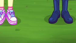 Size: 2208x1242 | Tagged: safe, screencap, fluttershy, rarity, sci-twi, twilight sparkle, equestria girls, g4, lost and pound, my little pony equestria girls: choose your own ending, boots, clothes, grass, legs, pictures of legs, shoes, sneakers